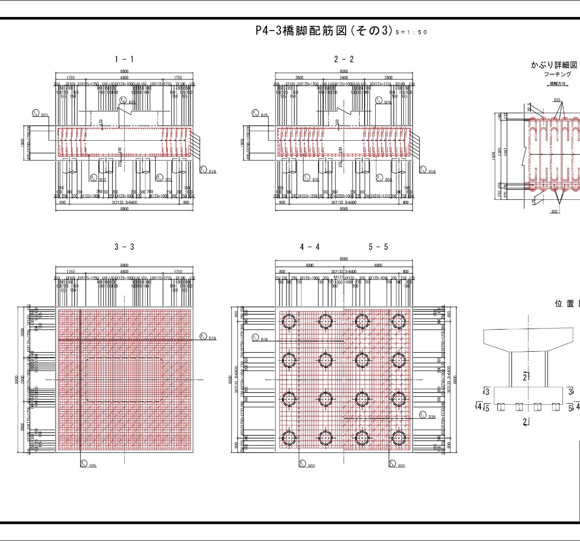 鉄筋の配筋図。２次元の図面で見ると細かすぎてよくわからない...